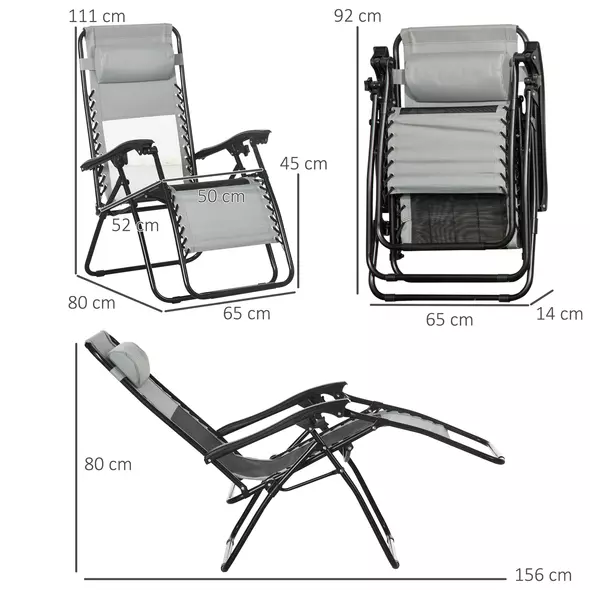 Outsunny Garden Recliner Chairs Set of 2, Outdoor Foldable Zero Gravity Chairs Set w/ Footstool and Detachable Headrest, Grey - 3