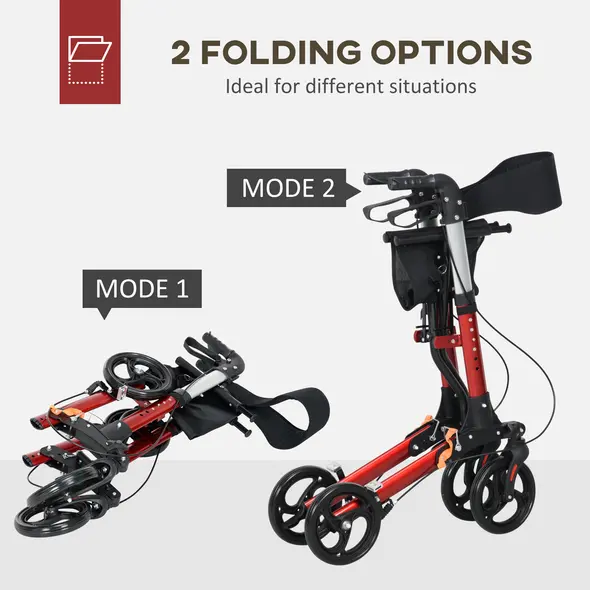 HOMCOM Folding Rollator Walker with 6 Adjustable Handle Height for People with Limited Mobility, Red - 7