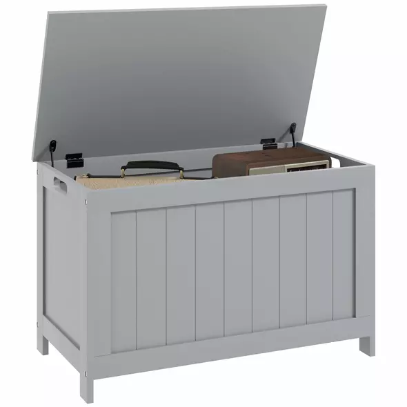 HOMCOM Storage Chest, Modern Storage Trunk with 2 Safety Hinges and Cut-out Handles, Wooden Toy Box for Living Room, Entryway, 76 x 40 x 48 cm, Grey - 1
