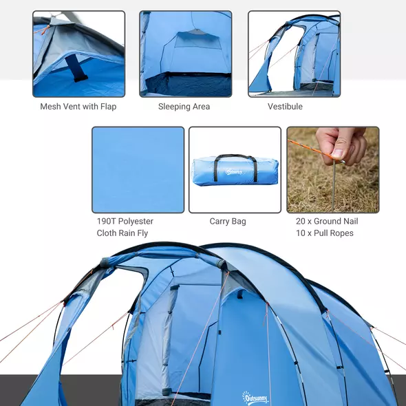 Outsunny 2 Room Tent with Vestibule, Weather-Resistant Camping Tent with Air Vents for Fishing Hiking, Sky Blue - 4