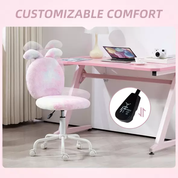 HOMCOM Fuzzy Office Chair with Bunny Ears, Faux Fur Swivel Desk Chair, Armless Makeup Vanity Chair with Adjustable Height for Bedroom, Study Room, Colourful - 7