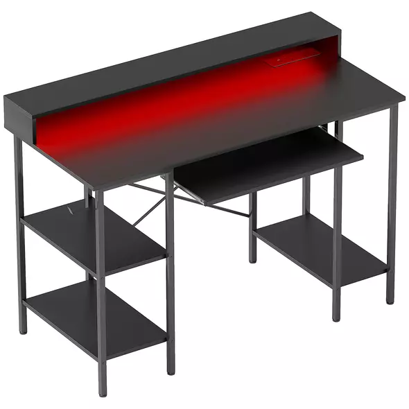 HOMCOM Computer Desk with LED Lights and Power Outlets, 120 x 55 cm Gaming Desk with Monitor Stand, Sliding Keyboard Tray and Storage Shelves for Home Office, Black - 1