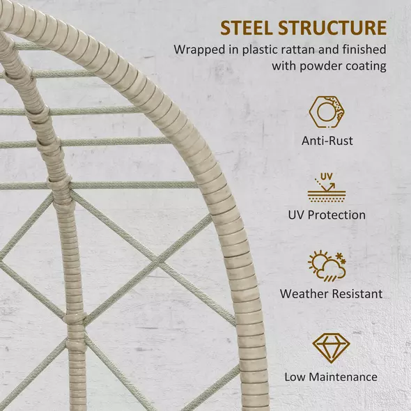 Outsunny Rattan Egg Chair Outdoor Indoor Wicker Chair with Thickened Cushion and Headrest, Standing Garden Egg Chair with Cup Holder, Metal Frame for Patio, Balcony, Grey - 6