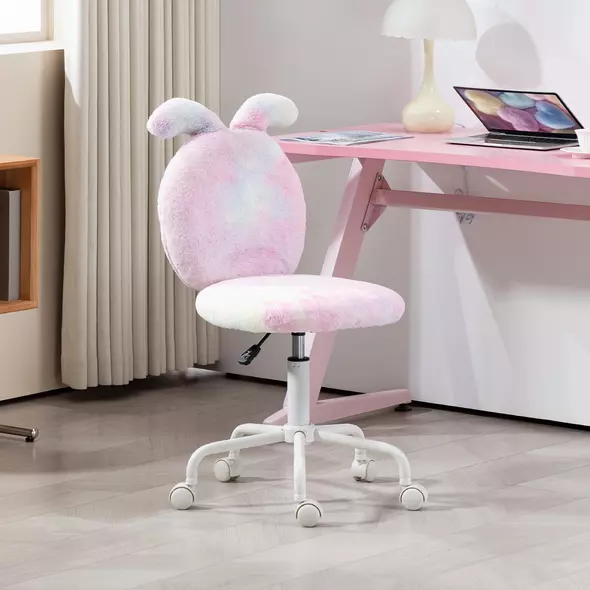 HOMCOM Fuzzy Office Chair with Bunny Ears, Faux Fur Swivel Desk Chair, Armless Makeup Vanity Chair with Adjustable Height for Bedroom, Study Room, Colourful - 2