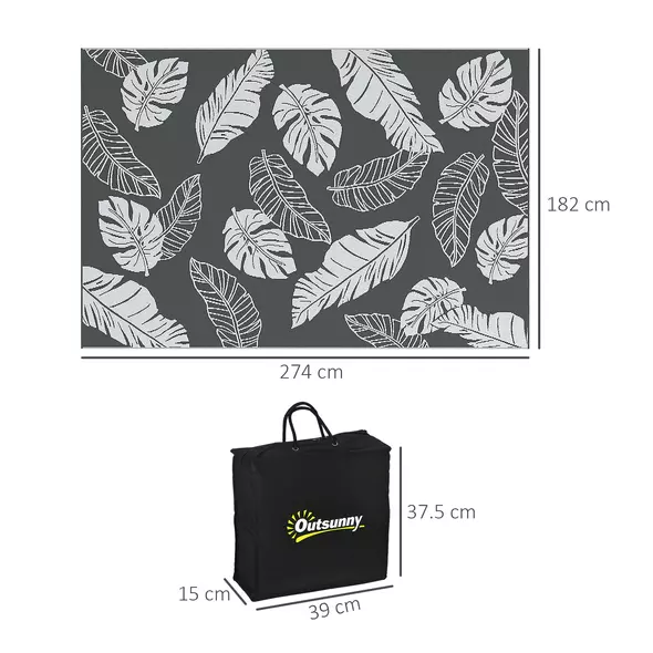 Outsunny Plastic Straw Reversible RV Outdoor Rug with Carry Bag, 182 x 274cm, Grey and White - 3