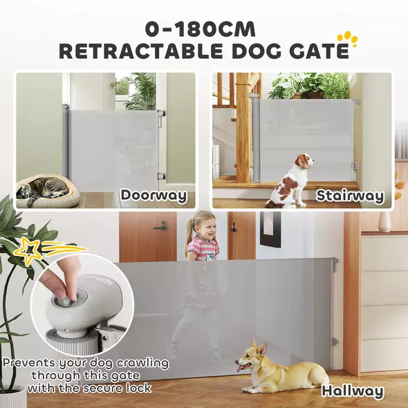 PawHut Retractable Stair Gate Extends Up to 180 cm Wide, Dog Gate for Doorways, Stairways, Hallways, Grey - 4