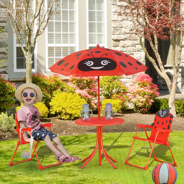 Outsunny Kids Folding Picnic Table Chair Set w/ Parasol, Red - 2