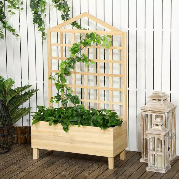 Outsunny Garden Planters with Trellis for Vine Climbing, Distressed Wooden Raised Beds, 90x43x150cm, Natural Tone - 2