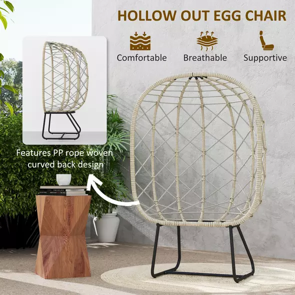 Outsunny Rattan Egg Chair Outdoor Indoor Wicker Chair with Thickened Cushion and Headrest, Standing Garden Egg Chair with Cup Holder, Metal Frame for Patio, Balcony, Grey - 5