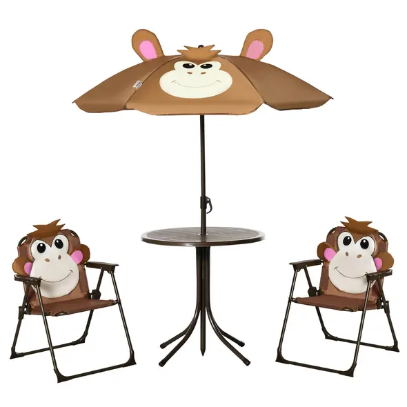 Outsunny Kids Bistro Table and Chair Set, Outdoor Folding Garden Furniture w/Monkey Design, Removable, Adjustable Sun Umbrella, Ages 3-6 Years - Brown - 1