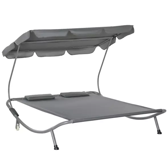 Outsunny Double Sun Lounger with Adjustable Detachable Canopy, Portable Garden Daybed for 2 with Wheels, Outdoor Sunbed Hammock with 2 Pillows, 220 KG Max. Load, Grey - 1