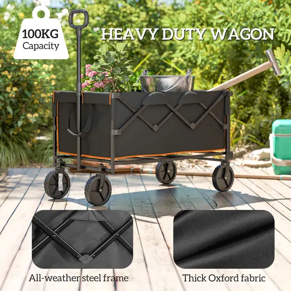 Outsunny 160L Festival Trolley on Wheels, Folding Camping Trolley Cart w/ Tailgate, 100kg Heavy Duty Garden Collapsible Folding Wagon w/Adjustable Handle, Carry Bag for Beach Picnic, Black and Orange - 4