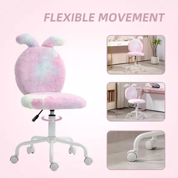 HOMCOM Fuzzy Office Chair with Bunny Ears, Faux Fur Swivel Desk Chair, Armless Makeup Vanity Chair with Adjustable Height for Bedroom, Study Room, Colourful - 6