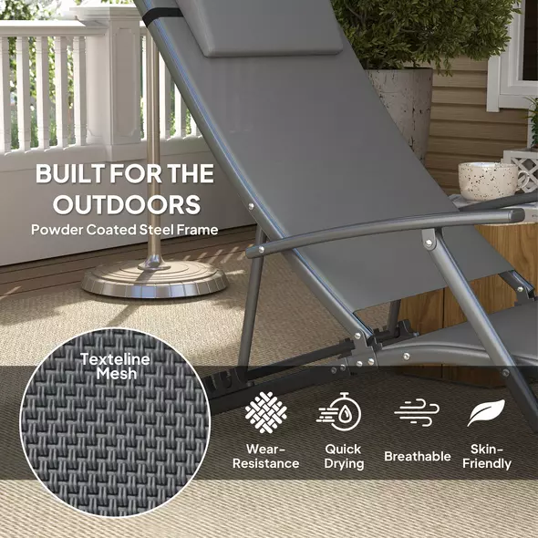 Outsunny Set of Two Adjustable Back Sun Loungers - Grey - 5