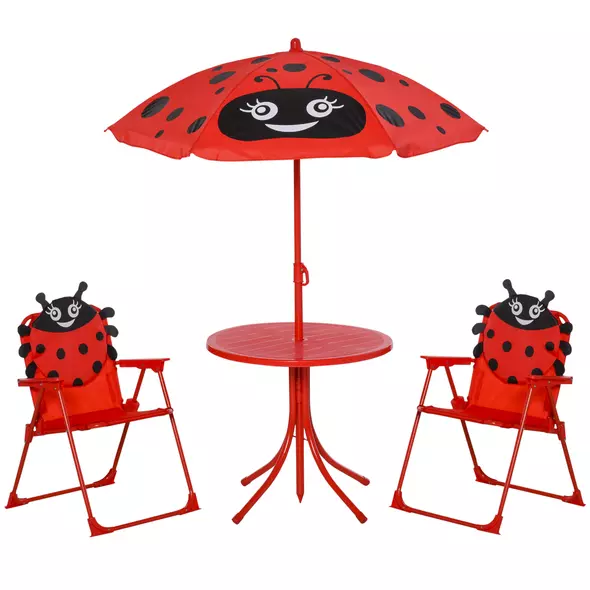 Outsunny Kids Folding Picnic Table Chair Set w/ Parasol, Red - 1