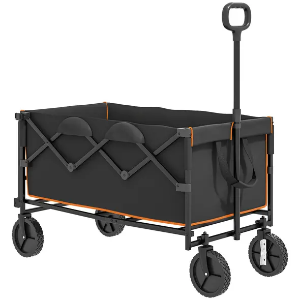Outsunny 160L Festival Trolley on Wheels, Folding Camping Trolley Cart w/ Tailgate, 100kg Heavy Duty Garden Collapsible Folding Wagon w/Adjustable Handle, Carry Bag for Beach Picnic, Black and Orange - 1
