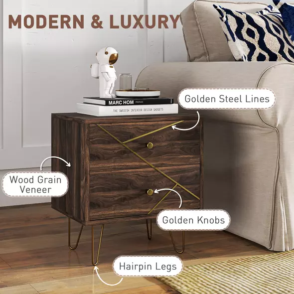 HOMCOM Bedside Tables Set of 2, Modern Side Table Set with 2 Drawers and Steel Hairpin Legs, Nightstand for Bedroom, Brown Wood Grain - 6