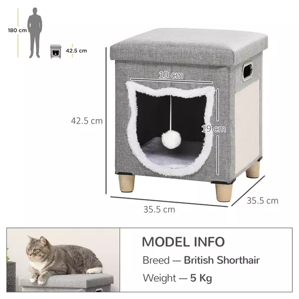 PawHut Cat House Cave, Cat Bed Cube with Scratching Pad, Soft Detachable & Washable Cushion, Toy Ball, for Indoor Kittens, Grey - 3