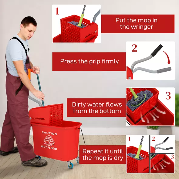HOMCOM 20L Compact Mop Bucket on Wheels, with Water Separation Panel - Red - 6