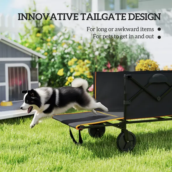 Outsunny 160L Festival Trolley on Wheels, Folding Camping Trolley Cart w/ Tailgate, 100kg Heavy Duty Garden Collapsible Folding Wagon w/Adjustable Handle, Carry Bag for Beach Picnic, Black and Orange - 6