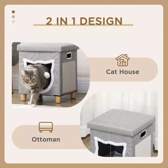 PawHut Cat House Cave, Cat Bed Cube with Scratching Pad, Soft Detachable & Washable Cushion, Toy Ball, for Indoor Kittens, Grey - 4