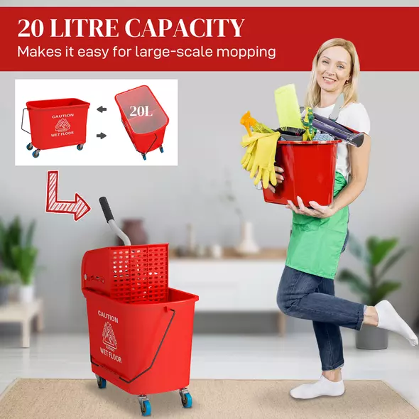 HOMCOM 20L Compact Mop Bucket on Wheels, with Water Separation Panel - Red - 4