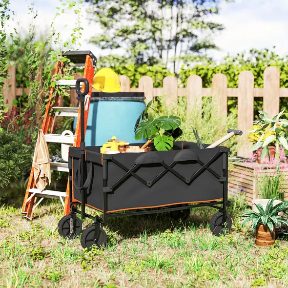 Outsunny 160L Festival Trolley on Wheels, Folding Camping Trolley Cart w/ Tailgate, 100kg Heavy Duty Garden Collapsible Folding Wagon w/Adjustable Handle, Carry Bag for Beach Picnic, Black and Orange - 2