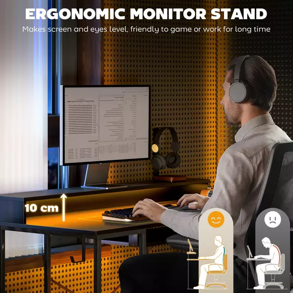 HOMCOM Computer Desk with LED Lights and Power Outlets, 120 x 55 cm Gaming Desk with Monitor Stand, Sliding Keyboard Tray and Storage Shelves for Home Office, Black - 6