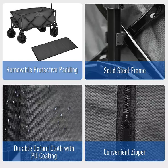 Outsunny Outdoor Pull Along Cart Folding Cargo Wagon Trailer Trolley for Beach Garden with Handle, Anti-Slip Wheel - Dark Grey - 5