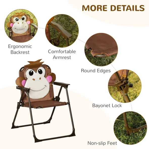 Outsunny Kids Bistro Table and Chair Set, Outdoor Folding Garden Furniture w/Monkey Design, Removable, Adjustable Sun Umbrella, Ages 3-6 Years - Brown - 6