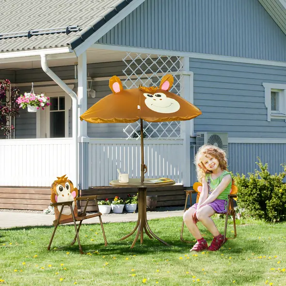 Outsunny Kids Bistro Table and Chair Set, Outdoor Folding Garden Furniture w/Monkey Design, Removable, Adjustable Sun Umbrella, Ages 3-6 Years - Brown - 2