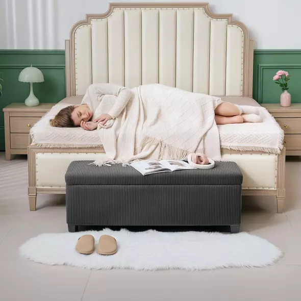 HOMCOM 84L Corduroy Storage Ottoman - Grey - 8