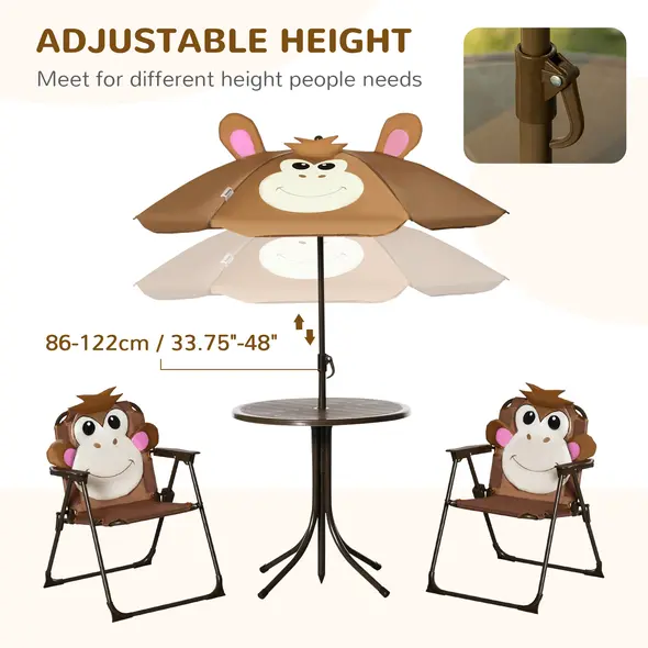 Outsunny Kids Bistro Table and Chair Set, Outdoor Folding Garden Furniture w/Monkey Design, Removable, Adjustable Sun Umbrella, Ages 3-6 Years - Brown - 5