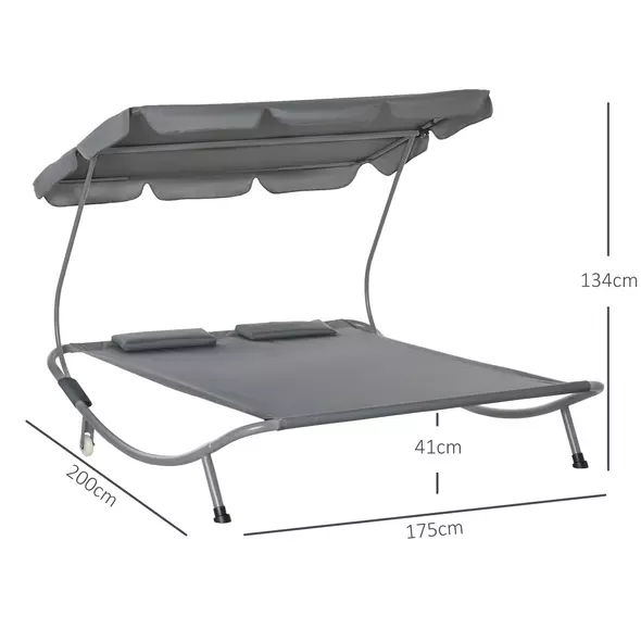 Outsunny Double Sun Lounger with Adjustable Detachable Canopy, Portable Garden Daybed for 2 with Wheels, Outdoor Sunbed Hammock with 2 Pillows, 220 KG Max. Load, Grey - 3
