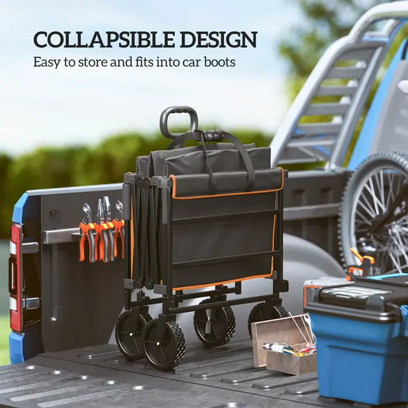 Outsunny 160L Festival Trolley on Wheels, Folding Camping Trolley Cart w/ Tailgate, 100kg Heavy Duty Garden Collapsible Folding Wagon w/Adjustable Handle, Carry Bag for Beach Picnic, Black and Orange - 5