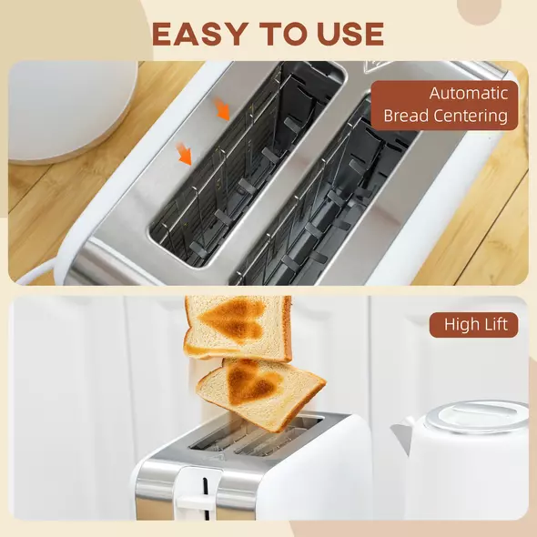 HOMCOM Stainless Steel Kettle and Toaster Set, 1.7L 3000W Fast Boil Kettle & 2 Slice Toaster Kitchen Set with 7 Level Browning Controls, Defrost, Reheat, Auto Off, Boil-dry Protection, White - 8