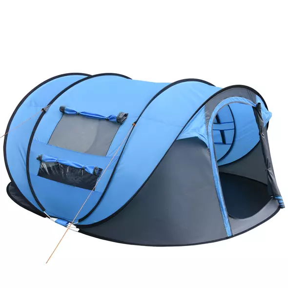 Outsunny 4 Person Pop-up Camping Tent Family Tent with Ground Sheet, 4 Windows and Portable Carry Bag for Beach Outdoor Trip, Sky Blue - 1