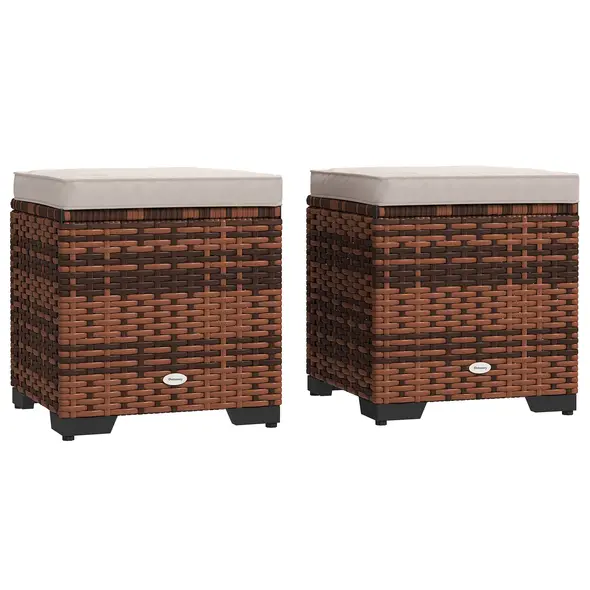 Outsunny Set of 2 Rattan Storage Ottoman, Outdoor Footstool with Removable Cushions, Garden Storage Seat for Balcony, Porch, Living Room, Beige - 1