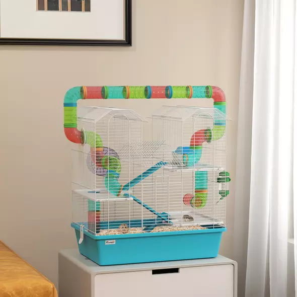 PawHut 4 Tier Hamster Cage w/ Tubes, Exercise Wheel, Hut, Water Bottle, Food Dish, Ramps, for Dwarf Hamster, Light Blue - 2