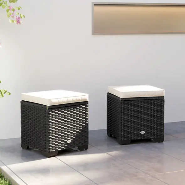 Outsunny Set of 2 Rattan Storage Ottoman, Outdoor Footstool with Removable Cushions, Garden Storage Seat for Balcony, Porch, Living Room, Cream - 9