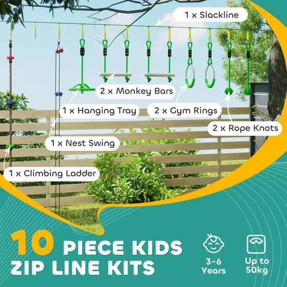 AIYAPLAY Obstacle course for Kids, with 10-Piece Slackline Kit with Monkey Bars, Gym Rings, Rope Ladder, Nest Swing, Hanging Tray - 4