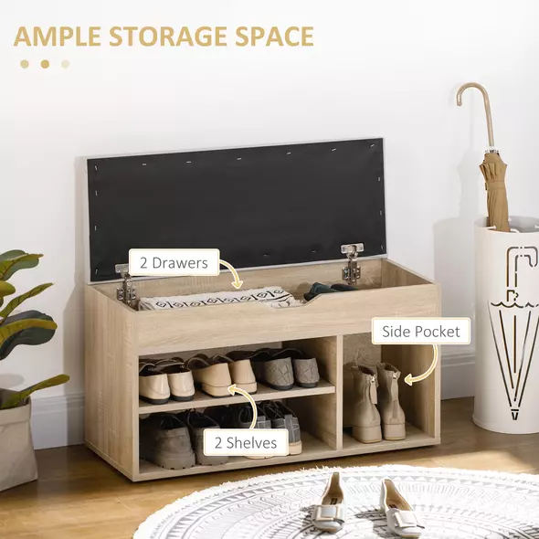 HOMCOM Shoes Cabinet Bench Hidden Storage Padded Seat Organiser Footwear Rack Hallway Oak Tone - 5