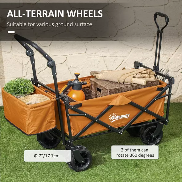 Outsunny 120L Festival Trolley on Wheels, Folding Camping Trolley Cart with Removable Canopy, All-Terrain Wheels, Adjustable Handle, Push or Pull for Garden Beach Fishing Shopping, Orange - 6
