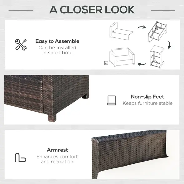 Outsunny Rattan Sofa, 2 Seater Garden Furniture with Soft Padded Cushion and Armrests, Wicker Garden Loveseat for Patio, Mixed Brown - 6