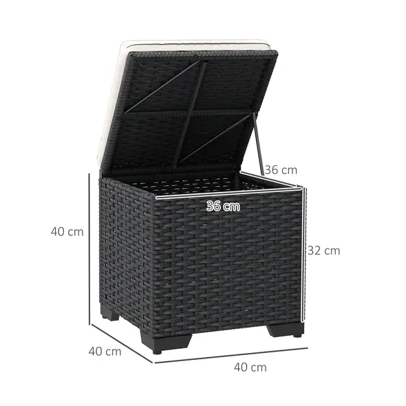 Outsunny Set of 2 Rattan Storage Ottoman, Outdoor Footstool with Removable Cushions, Garden Storage Seat for Balcony, Porch, Living Room, Cream - 3