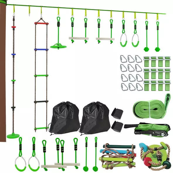 AIYAPLAY Obstacle course for Kids, with 10-Piece Slackline Kit with Monkey Bars, Gym Rings, Rope Ladder, Nest Swing, Hanging Tray - 1