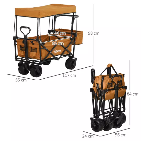 Outsunny 120L Festival Trolley on Wheels, Folding Camping Trolley Cart with Removable Canopy, All-Terrain Wheels, Adjustable Handle, Push or Pull for Garden Beach Fishing Shopping, Orange - 3