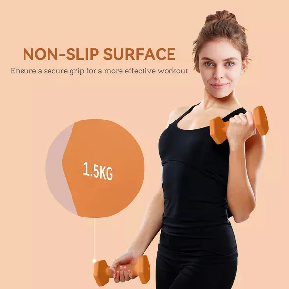 SPORTNOW 2 x 1.5kg Hexagonal Dumbbells Weights Set with Non-Slip Grip for Home Gym Workout, Orange - 6