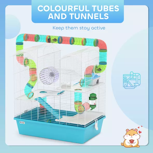 PawHut 4 Tier Hamster Cage w/ Tubes, Exercise Wheel, Hut, Water Bottle, Food Dish, Ramps, for Dwarf Hamster, Light Blue - 5