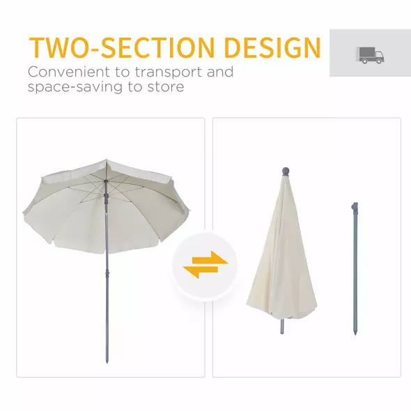 Outsunny 2.2m Beach Umbrella, Portable Parasol with Tilting Function, Outdoor Sunshade Shelter with 8 Ribs for Garden, Pool and Patio, Cream White - 5